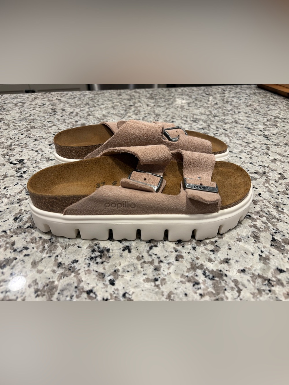 Papillio by Birkenstock Arizona Chunky Suede Platform Slides Sand size 37 Narrow - Picture 7 of 11